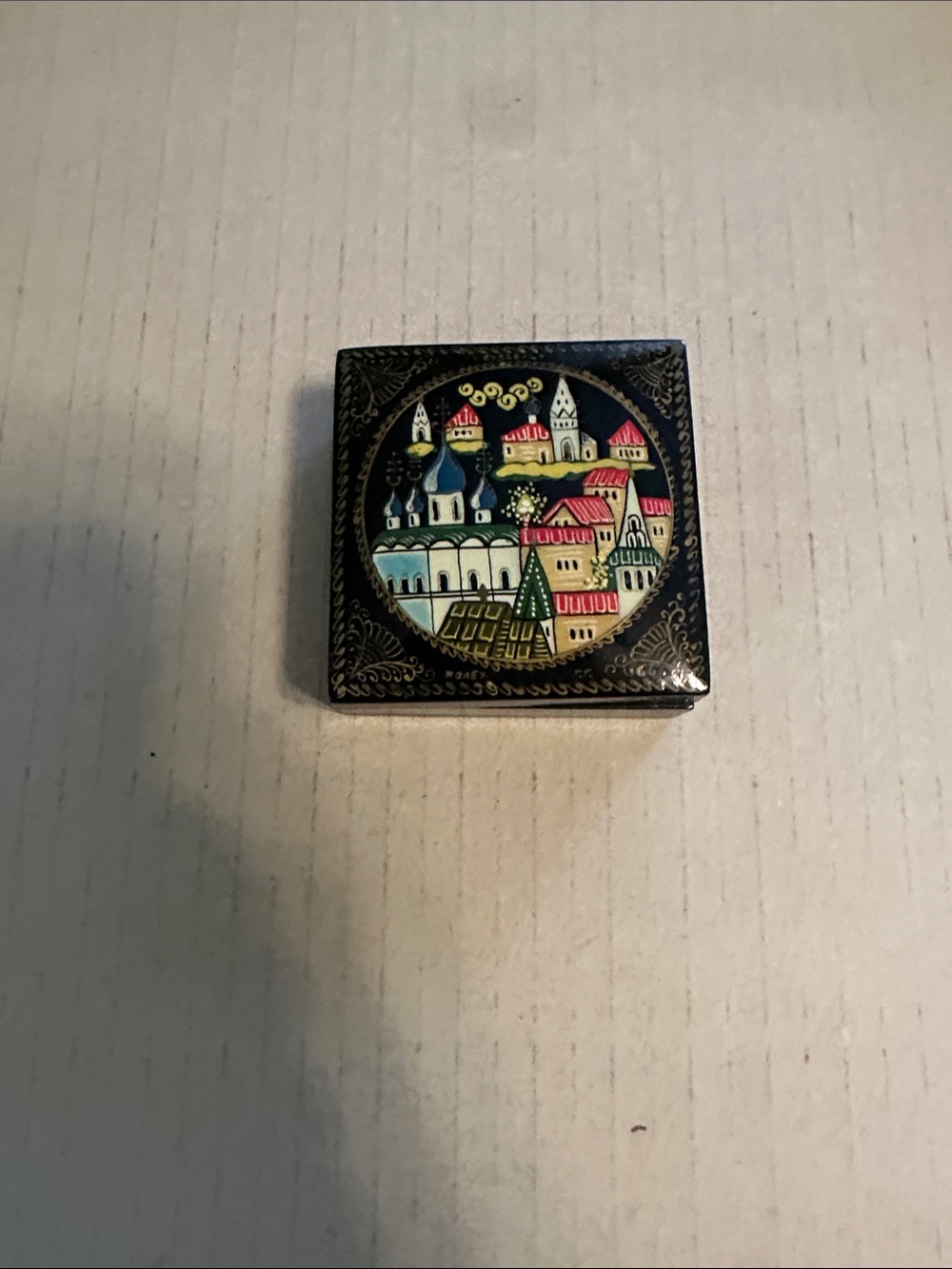 Russian Lacquer Box with Hand-Painted Cityscape